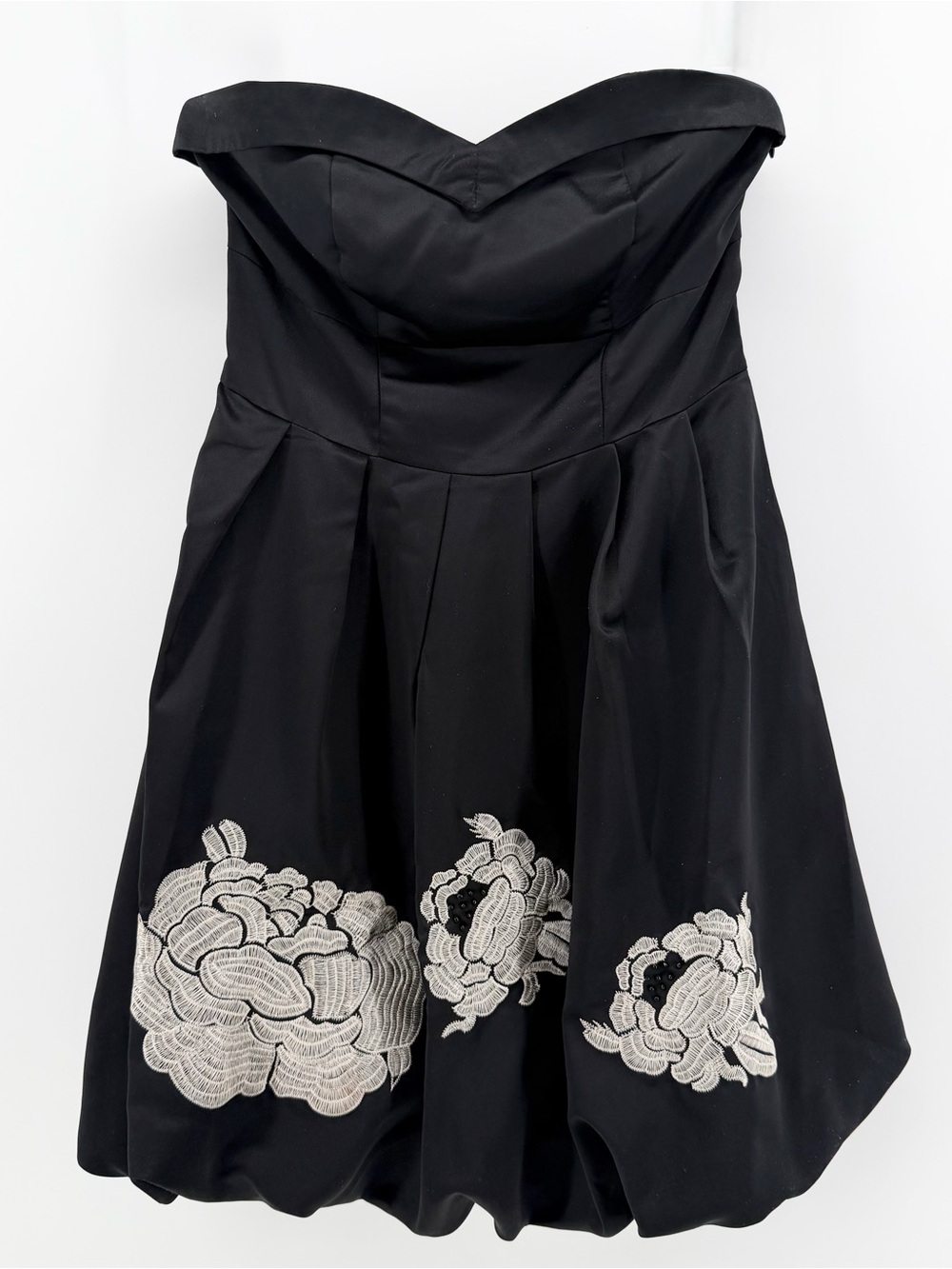 Charlotte Russe Small Black Satin Strapless Bubble Dress Floral Embroidered Mini